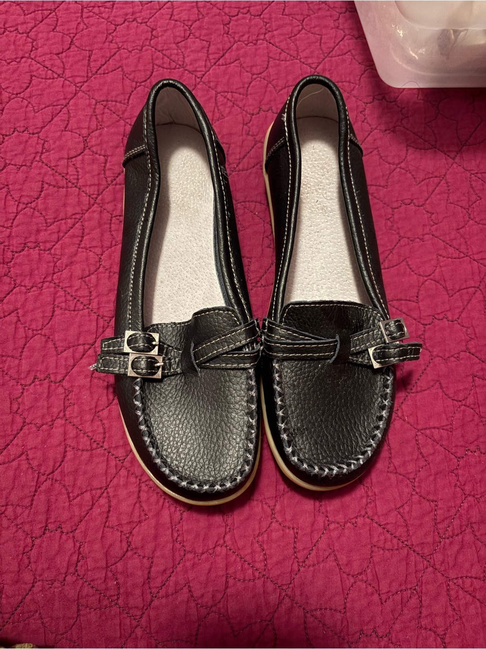 Women's Black Leather Slip-On Loafers with Buckle Detail